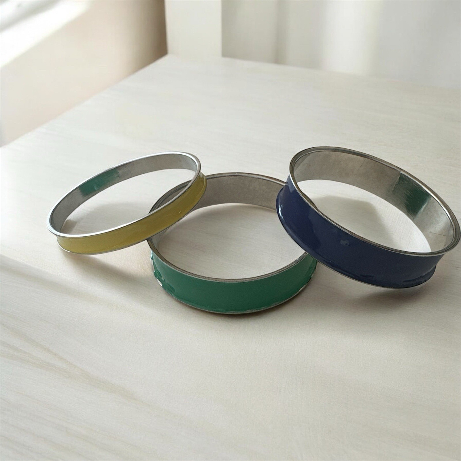 VIntage Enamel Stackable SilverTone Bangle Bracel… - image 5