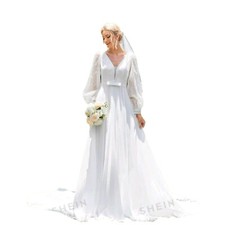 Shein V-neck Lantern Sleeve Wedding Dress White Women's Sz XL/12 + Free Gift