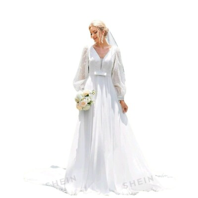 Shein V-neck Lantern Sleeve Wedding Dress White Women's Sz XL/12 + Free  Gift | eBay