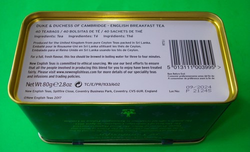 Duke and Duchess of Cambridge English Breakfast Tea (40 bags) in Collectible Tin - Picture 4 of 7