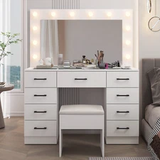 Vanity Set Desk 9 Drawers Large Mirror with Power Outlet LED Lights Makeup Table