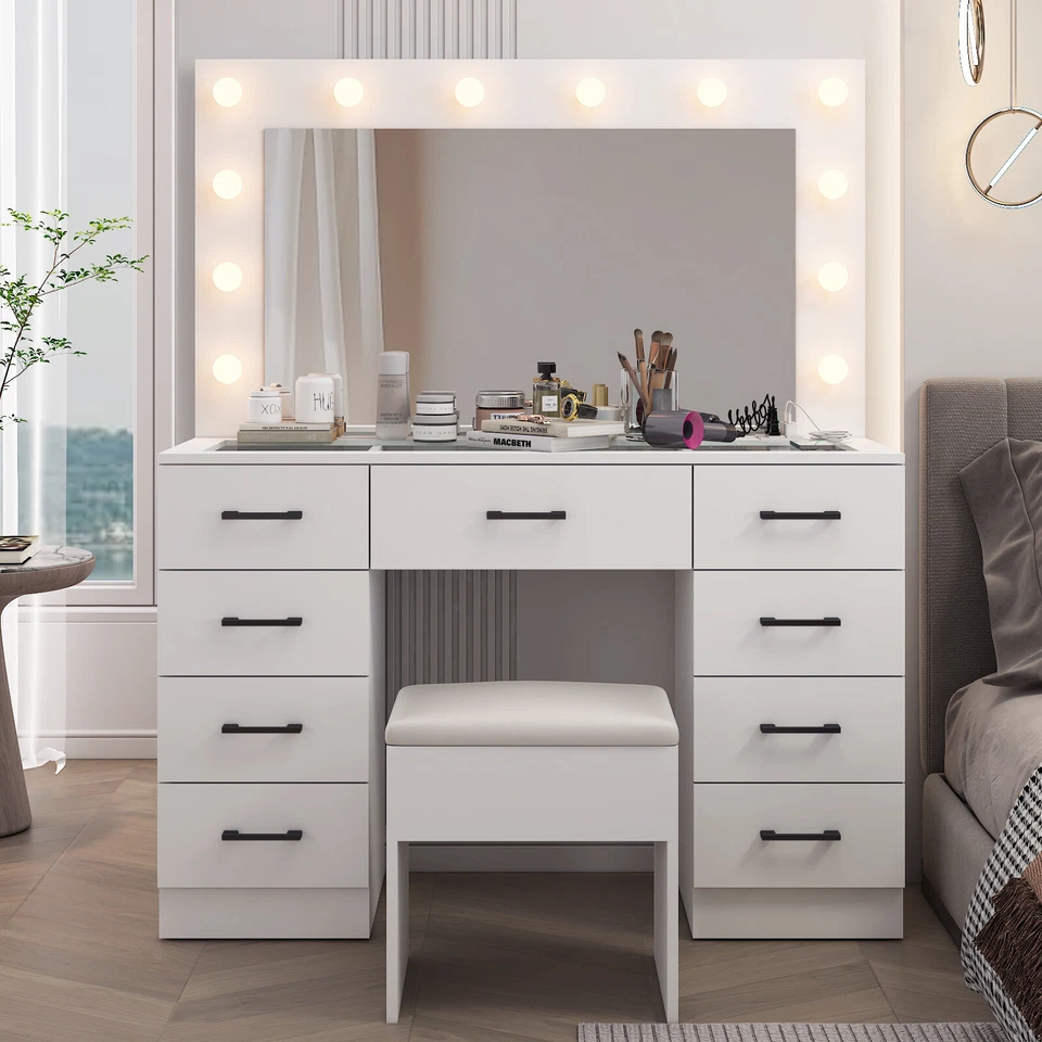 Vanity Set Desk 9 Drawers Large Mirror with Power Outlet LED Lights Makeup Table