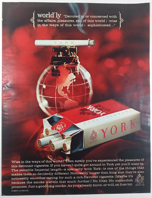 1960's Worldly Globe Lighter Red Black YORK Cigarettes Colorful Vtg Print Ad