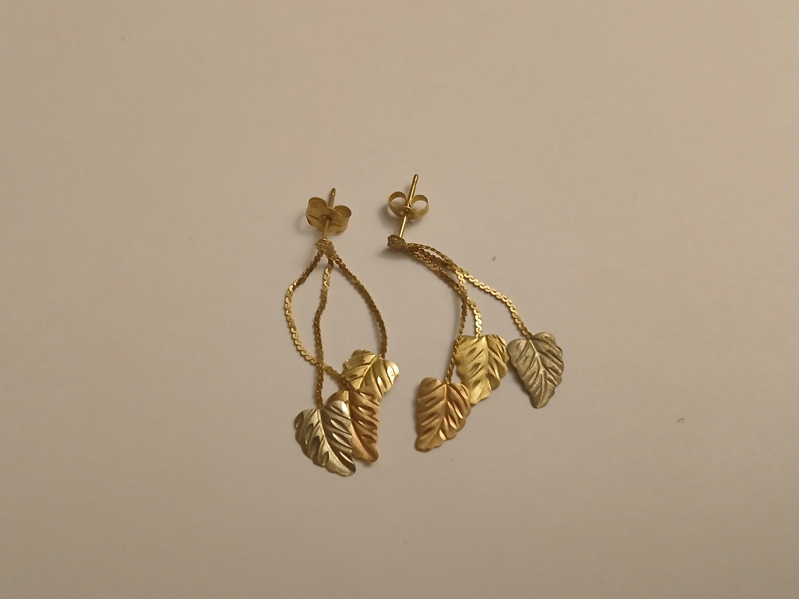 14K MULTI-COLORED GOLD "LEAFS" DANGLE EARRINGS. - image 2