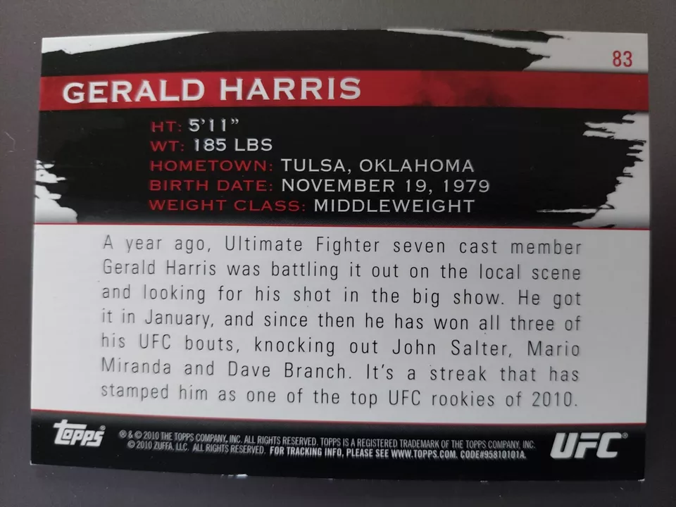Gerald Harris #83 2010 Topps UFC Knockout Silver #001/188 - Image 2 of 2