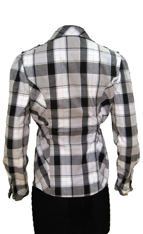 Camisa COOGI para mujer talla M blanca negra a cuadros a presión lengüeta enrollable mangas largas nueva Foto 3 de 4