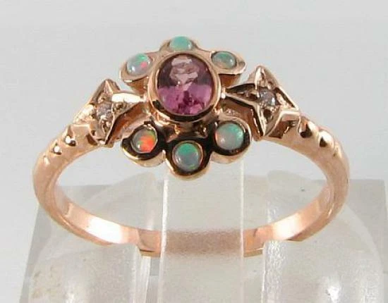 Anillo 9CT Oro Rosa Rosa Brillante con Turmalina, Ópalo y Diamante Luna Estrella