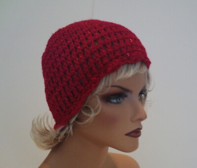 RED SPARKLE SCALLOPED BEANIE CAP HAT HAND CROCHET