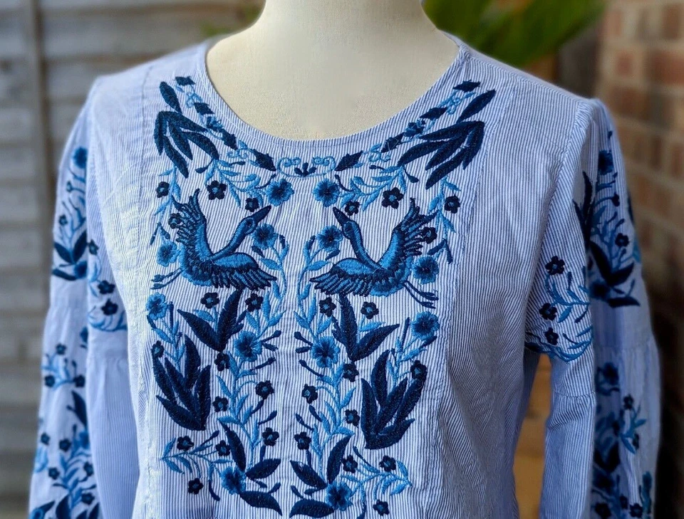 Top túnica ZARA grande azul a rayas algodón boho gitano borla bordada Foto 3 de 4