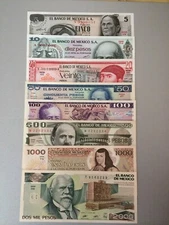 MEXICO PESO BANKNOTE  UNC. 5,10,20,50,100,500,1000,2000 SET/LOT