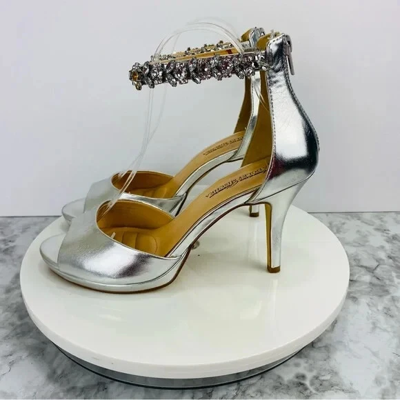 Badgley Mischka Sandals Heels Women 8 Metallic Silver Rhinestone Bridal Party - Image 2 of 4