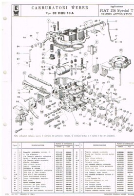 FIAT 124 SPECIAL T AUTOMATIC WEBER 32 DHS 13 A CARB PARTS LIST BULLETIN (I TEXT)