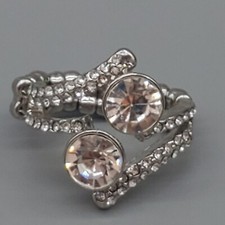 Rhinestone Stretch Ring Cocktail Bypass Silver Tone Contemporary
