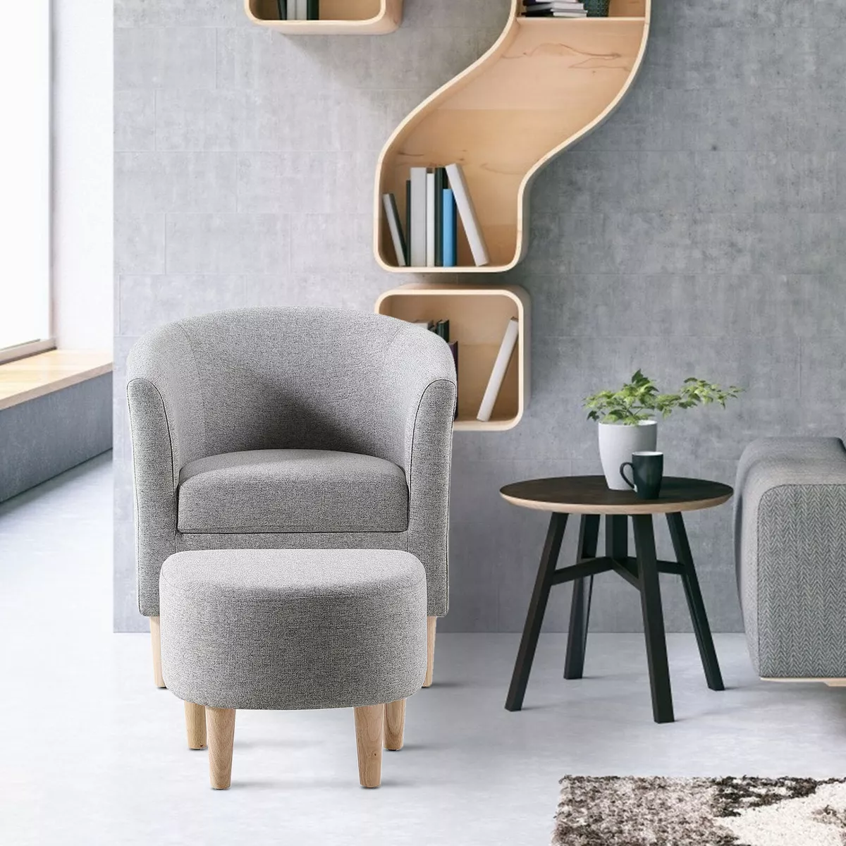 Comfortable Armchair with Ottoman, Modern Fabric Single Sofa Chair Accent  Chair with Solid Wood Legs, Single Sofa Reading Chair with Ottoman Footrest