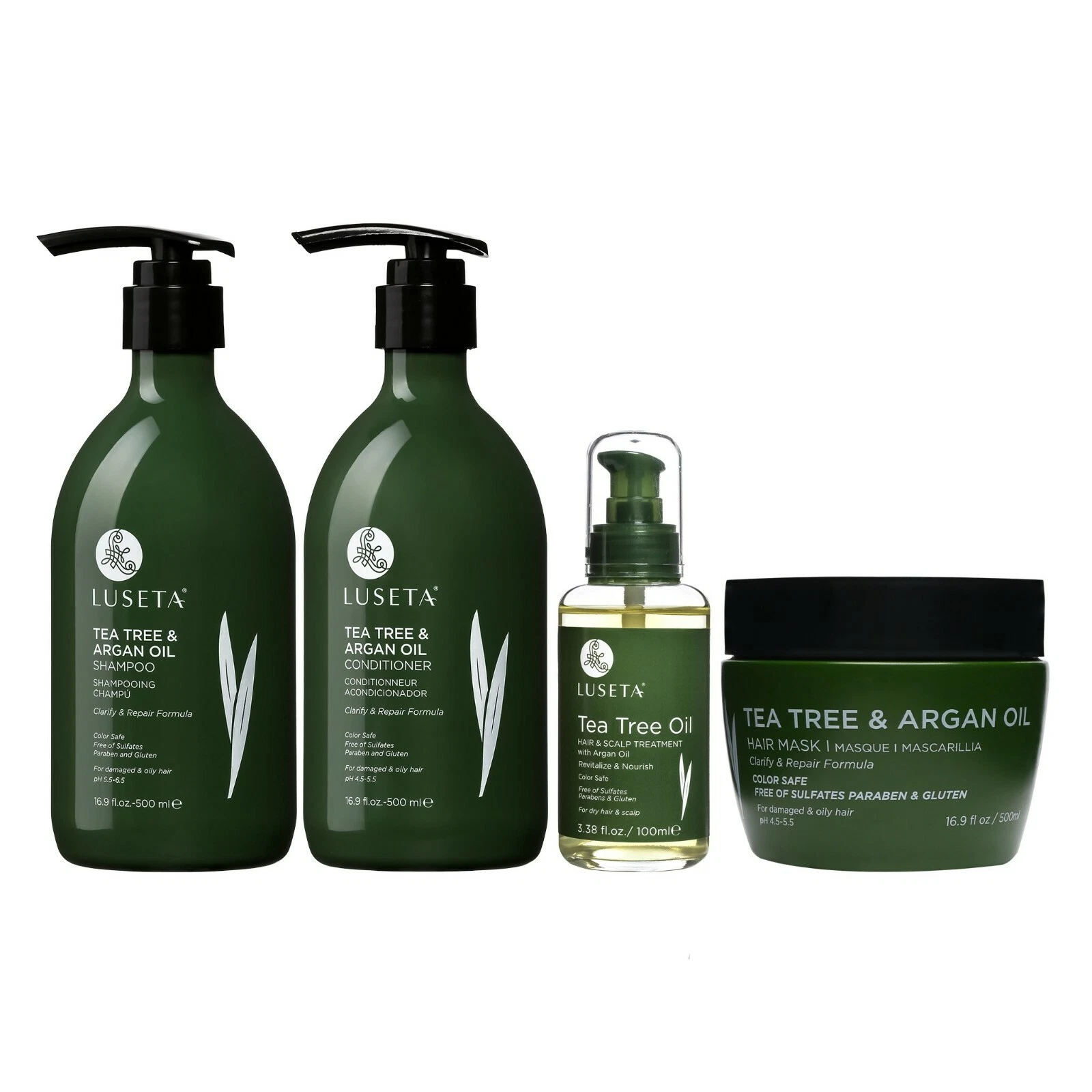 LUSETA TEA TREE&ARGAN OIL 4PCS HAIR CARE BUNDLE 16.9OZ FOR OILY HAIR FLAKY SCALP