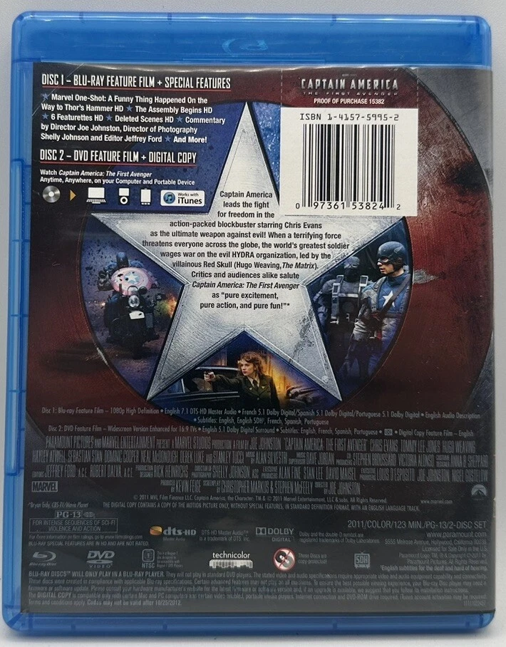 Captain America The First Avenger Blu+ DVD + Digital + Copy Chris Evans 2011 - Image 2 of 3