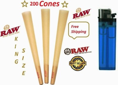 Authentic Raw Classic King Size Paper Cone  Pre Rolled 200 Cones + FREE Lighter