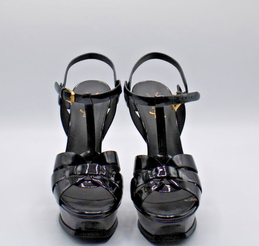 Saint Laurent Tribute T-Strap Platform Black Patent Sandals - Size