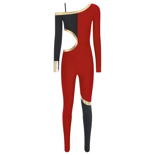 Women Bodysuit Roller Leotard Jazz Jumpsuit Color Block One Shoulder Rhythmic - Picture 11 of 37