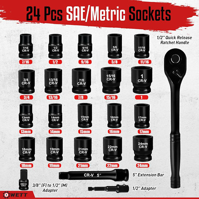 1/2'' Drive Impact Socket Set 24 Pack Shallow Socket Wrench Set, Sae/Metric, 7/16