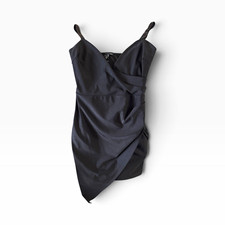 Women’s S Windsor Black Solid Satin Bodycon Mini Dress V-Neck Beaded Straps