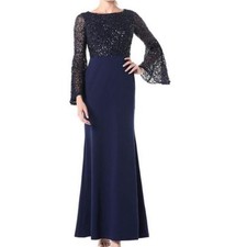 NWT Adrianna Papell Navy Blue Sequins Bell Sleeve Evening Dress Size 6