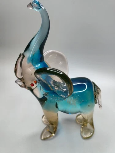 Vintage Murano Art Glass Elephant 7.5"H x 5"L x 3.25"W Blues & Gold