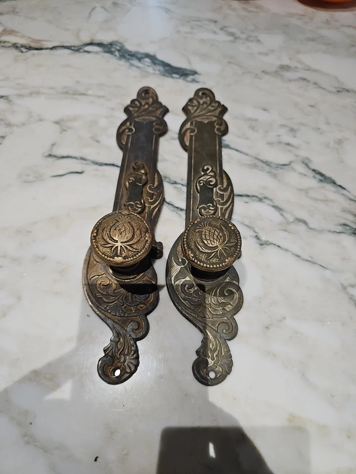 Rare Anciennes Poignées de porte en laiton massif Art Nouveau - Photo 4/4