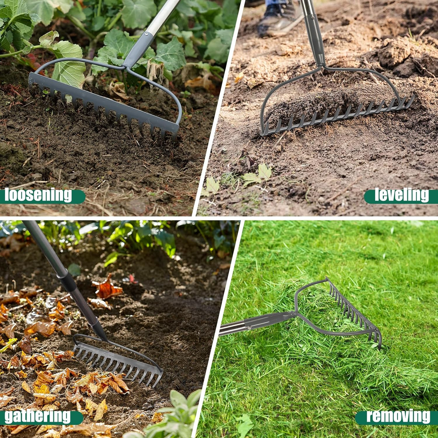 Heavy-Duty Garden Rake with 5 Ft Handle and 14 Metal Tines for Yard Work