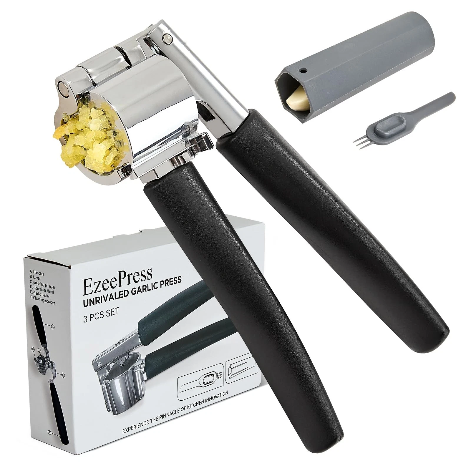 Garlic Press Mincer, Crusher Set with Removable Chamber - Ergonomic Handle, D...