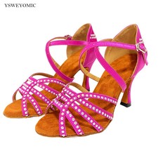 Latin Dance Shoes Rose Pink Satin Rhinestones Ballroom Salsa Bachata High Heel