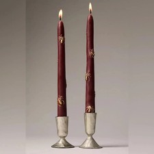 NEW Anthropologie Set of 2 Taper Burgundy Candles Gold Spiders Halloween Gothic