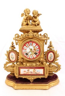 ANTIQUE JAPY FRENCH MANTEL CLOCK & STAND PAINTED PORCELAIN DIAL & PANELS CHERUBS