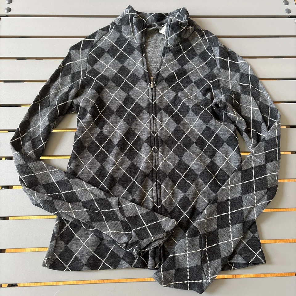 Ibex Cardigan Sweater Womens Small Gray Black Argyle Diamond Merino Wool Zip Up Foto 2 de 4