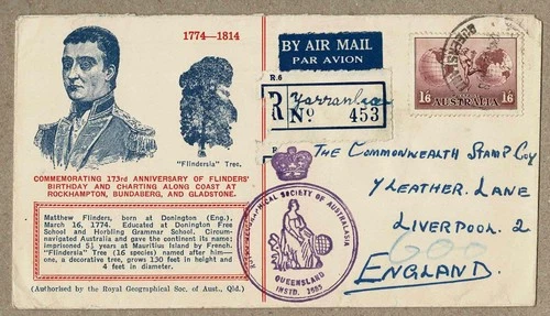 Australia 1948 RGSAQ Flinders 1/6d Airmail Rate Provisional YARRANLEA Cover - UK