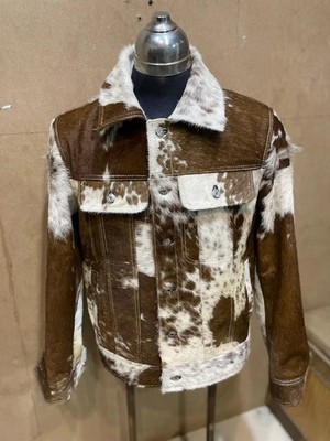 Men s Genuine Cowhide Hair-On Leather Jacket -Natural Cow Skin Pattern Coat Gift