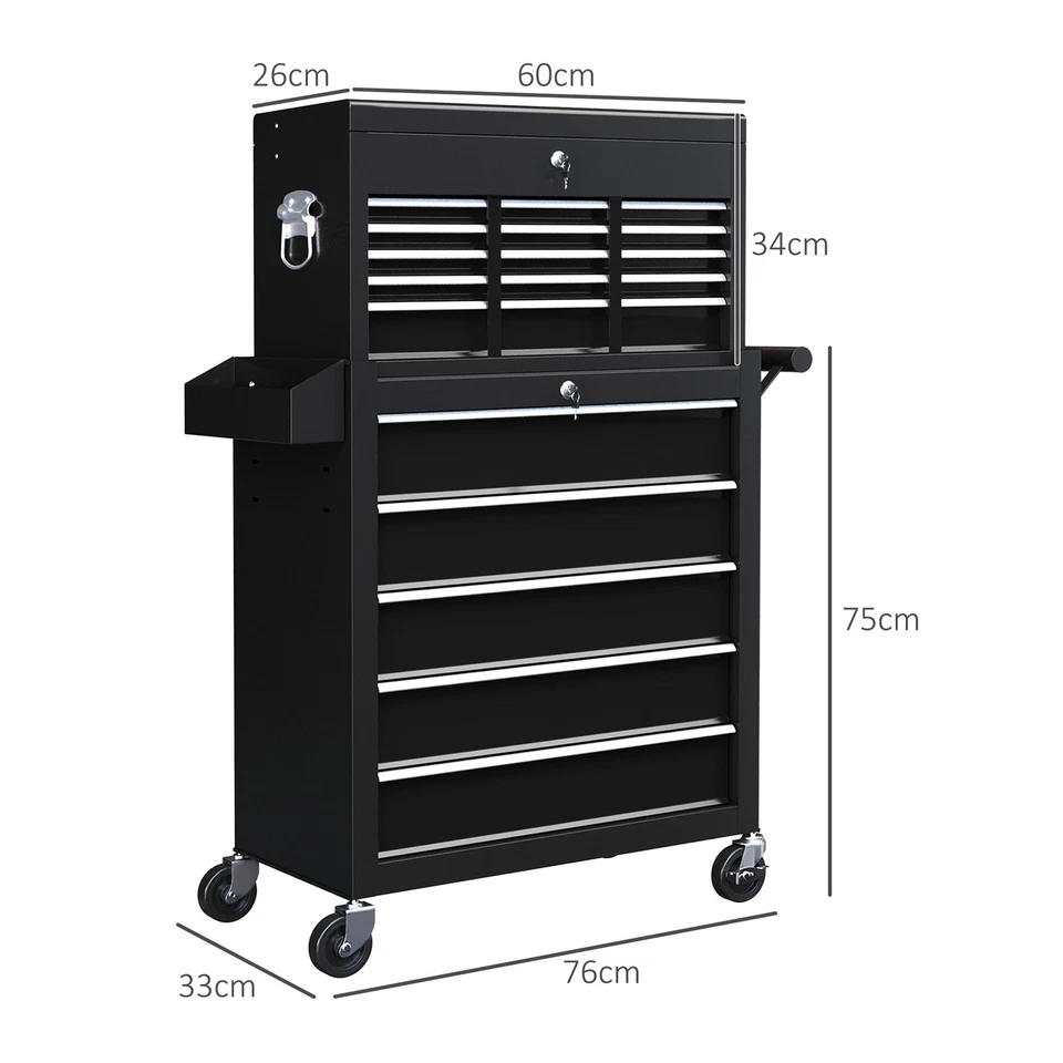 HOMCOM Rolling Tool Chest Lockable Roller Cabinet with with 14 Drawers Black - Image 3 of 4