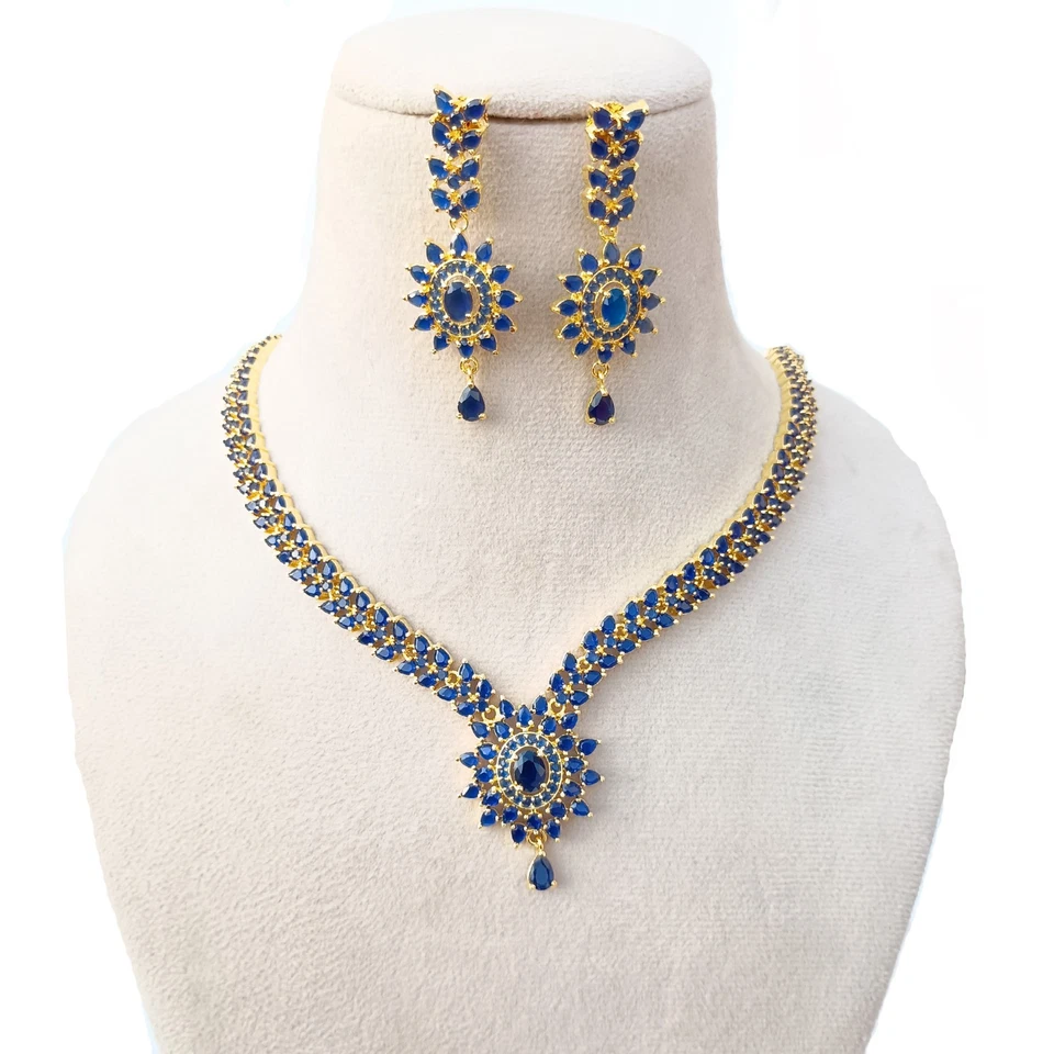 Juego de collar de zafiro azul para mujer enchapado en oro de 22 quilates joyero étnico indio de lujo Foto 2 de 4