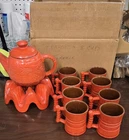 Vintage Frankoma Pottery Teapot With 8 Mugs Flame Orange Mayan Aztec Design