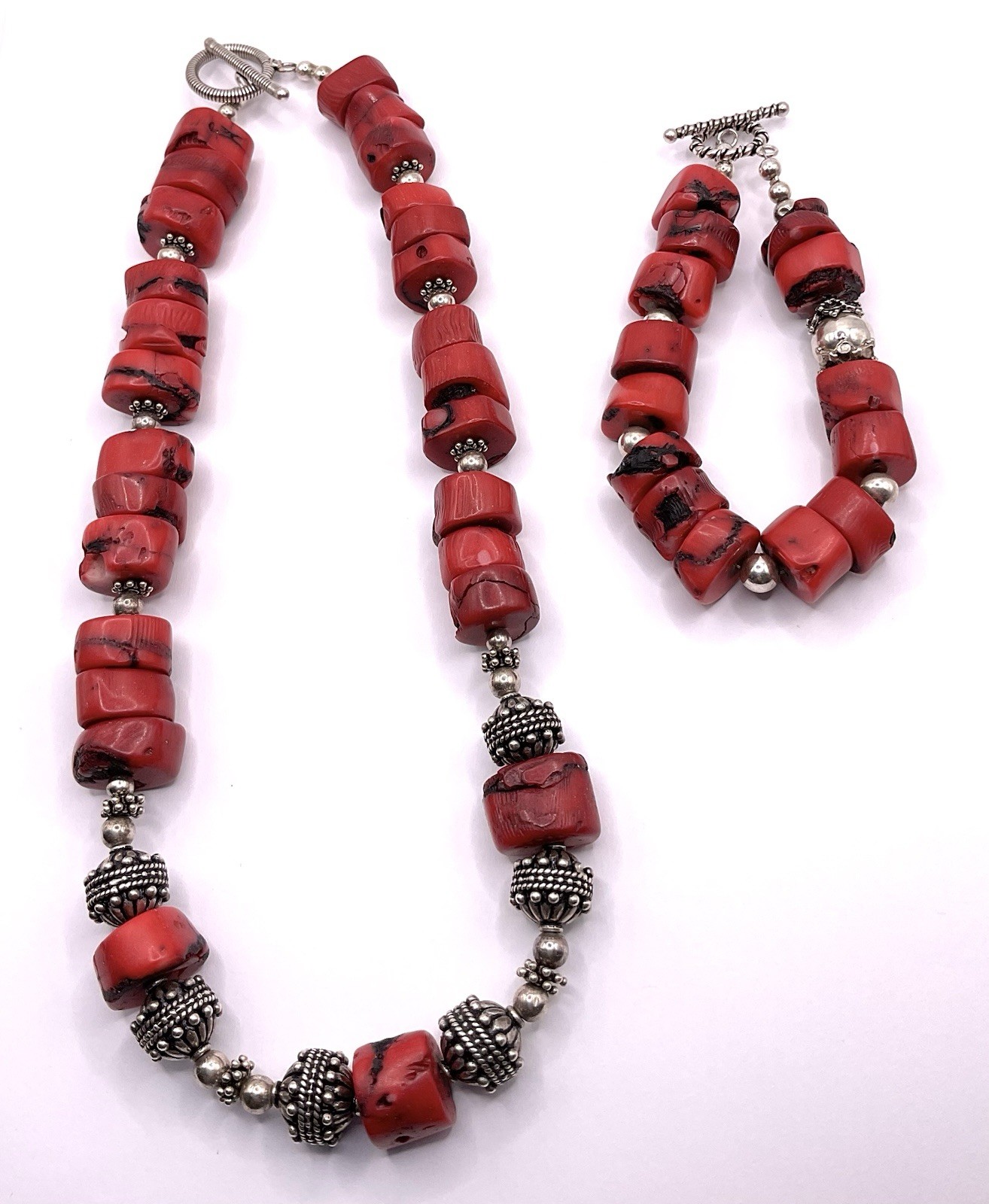Vintage Natural Red Coral Beaded Necklace and Bracelet Set