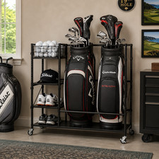 Black Golf Bag Storage Rack Lockable Wheels Removable Hooks Garage High Quality