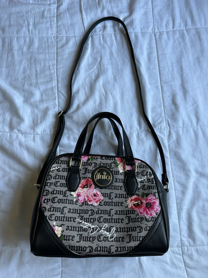 Juicy Couture Purse Black White Billboard Tote Pink Flower Satchel Bag Logo - Image 2 of 4