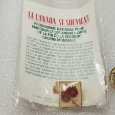 Canada Remembers WWII 50th Anniversary Poppy Pinback Button 1995 Pin Flower