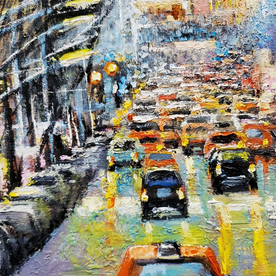 YARY DLUHOS New York City Street NYC Traffic People Lights Original Oil Painting - Image 2 of 4