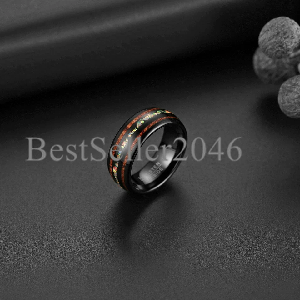 Alianza de tungsteno ópalo de 8 mm con banda abovedada de madera de koa ajuste cómodo talla 6-14 Foto 3 de 4