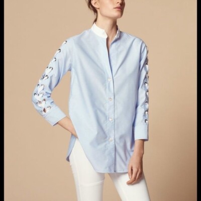 NWD Sandro Womens Aga Lace-Up Sleeve Boyfriend Shirt Top Blue