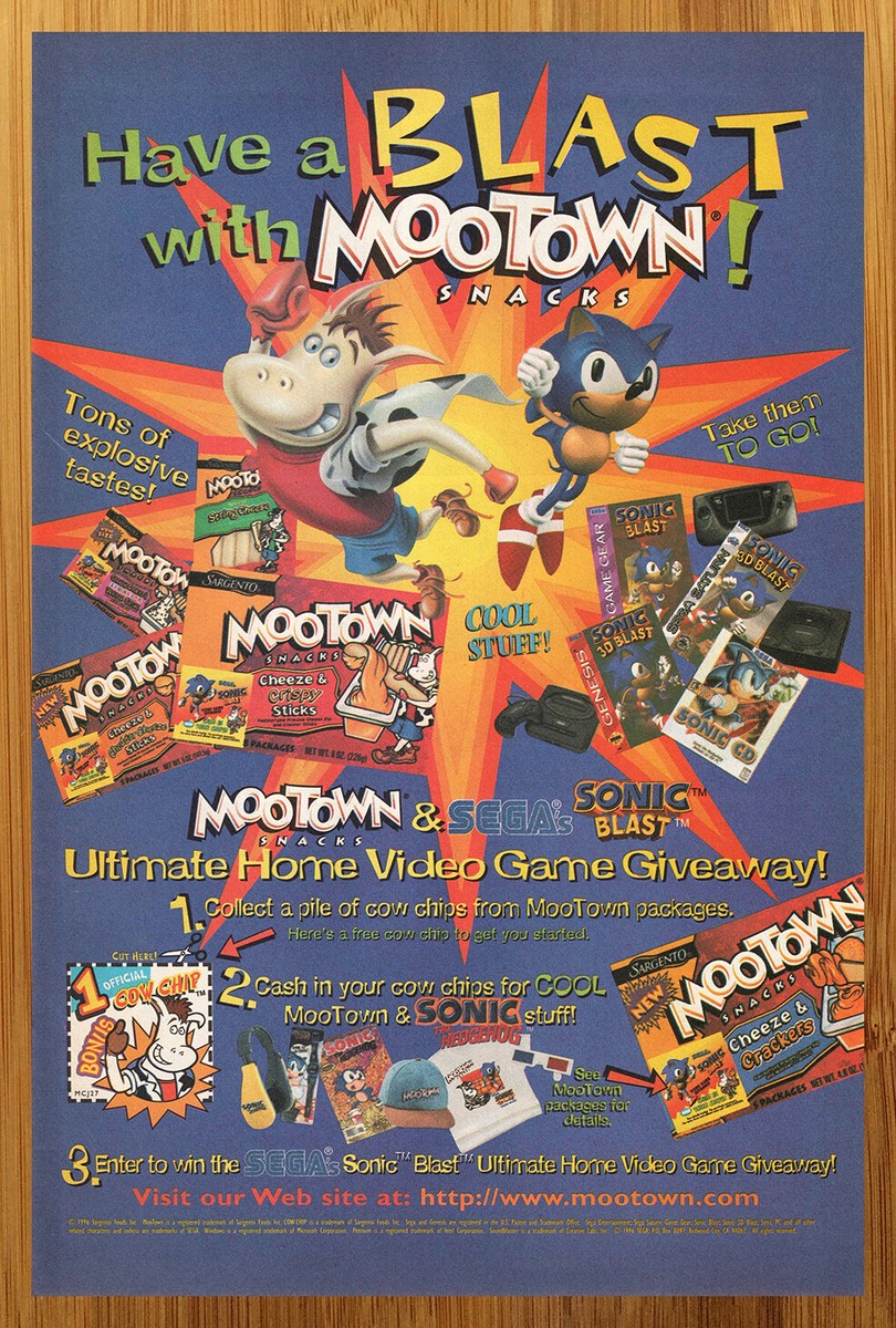 1996 Sonic the Hedgehog & Mootown Snacks Vintage Print Ad/Poster