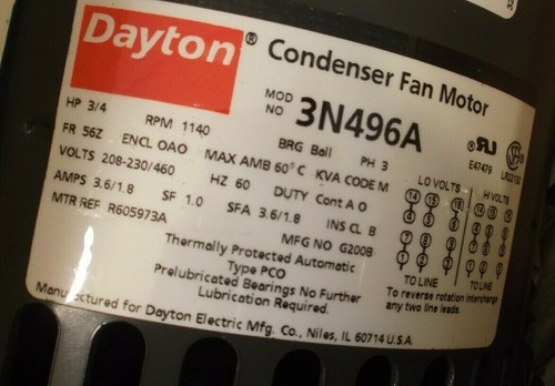 New DAYTON 3N496 Condenser Fan Motor 3/4 HP 208-230/460V - 1140RPM - 3PH - 56YZ - Picture 2 of 5