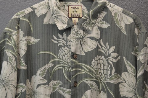 Tommy Bahama Silk Hawaiian Shirt Mens L Olive Green Pineapple All Over Print - Picture 4 of 15