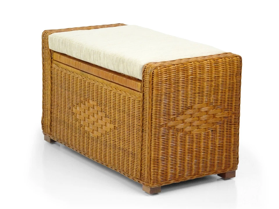 Bruno Handmade 32" Rattan Wicker Chest Storage Trunk Organizer Ottoman w/Cushion - Image 3 of 4